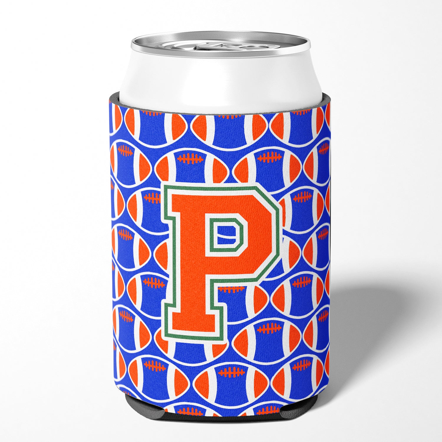 Letter P Football Green, Blue and Orange Can or Bottle Hugger CJ1083-PCC.