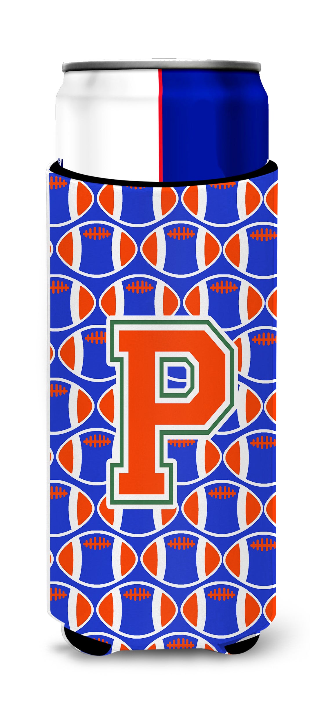 Letter P Football Green, Blue and Orange Ultra Beverage Insulators for slim cans CJ1083-PMUK.