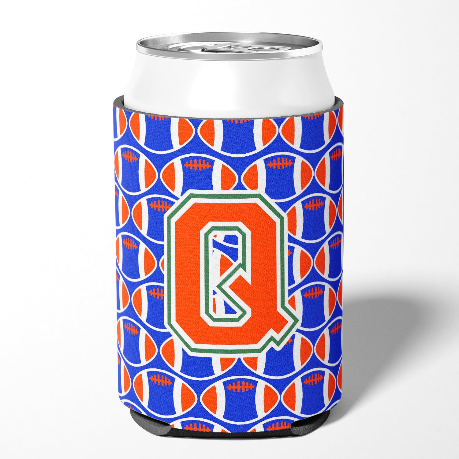 Letter Q Football Green, Blue and Orange Can or Bottle Hugger CJ1083-QCC.