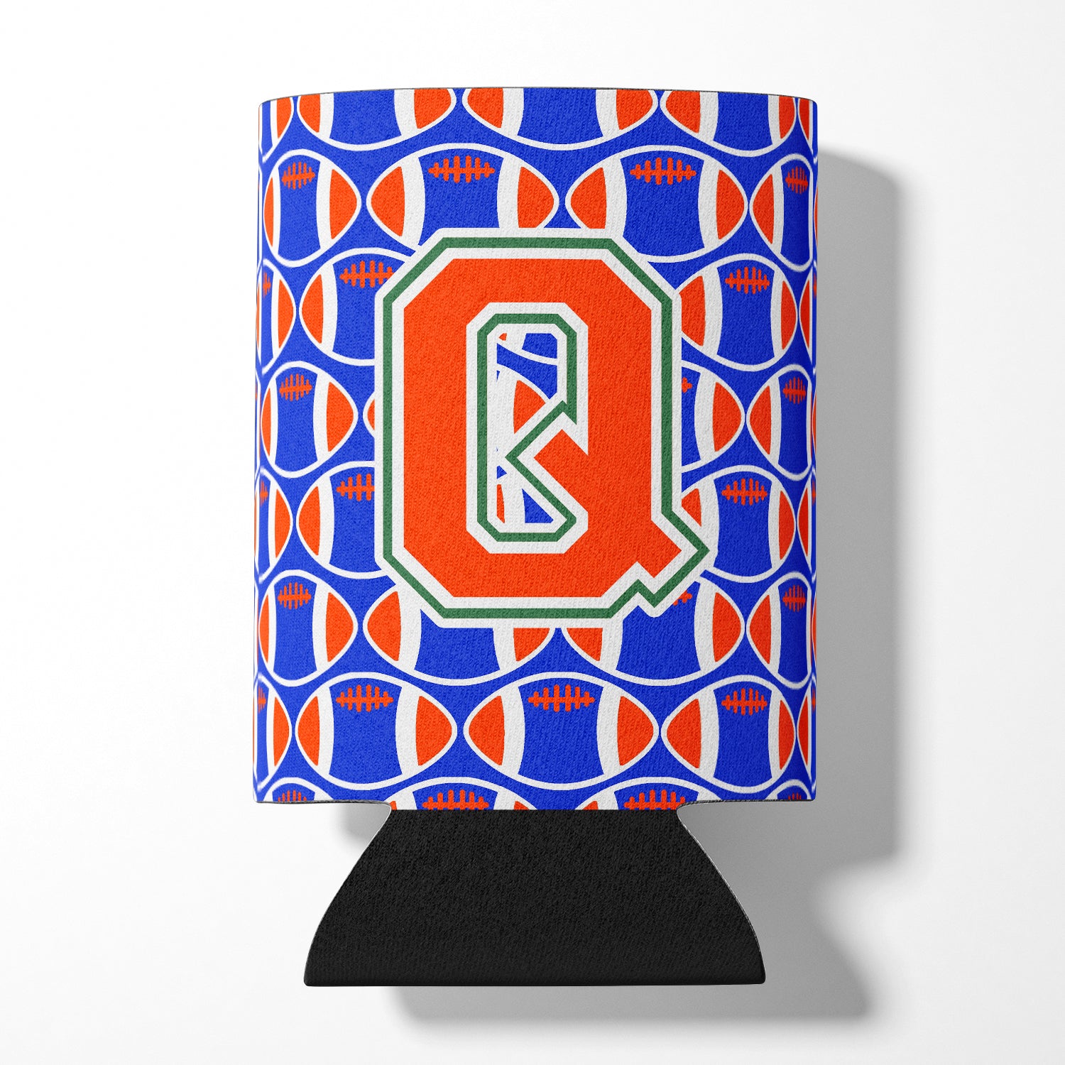 Letter Q Football Green, Blue and Orange Can or Bottle Hugger CJ1083-QCC.