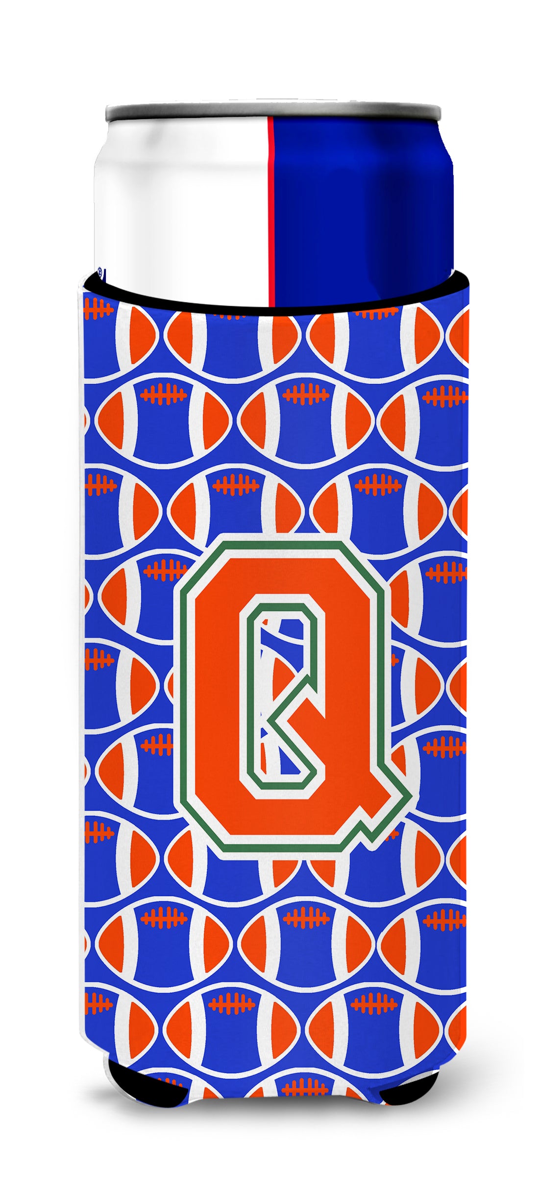 Letter Q Football Green, Blue and Orange Ultra Beverage Insulators for slim cans CJ1083-QMUK.