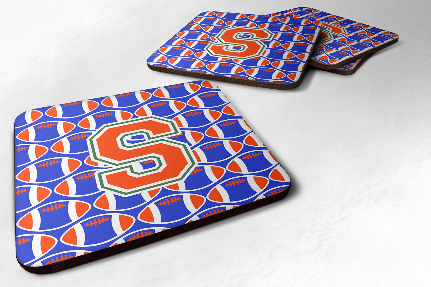 Letter S Football Green, Blue and Orange Foam Coaster Set of 4 CJ1083-SFC - the-store.com