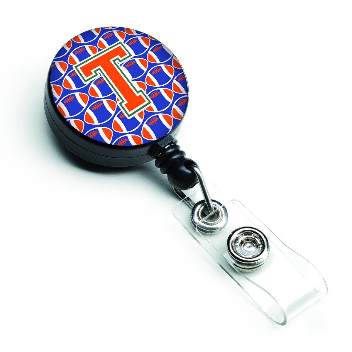 Letter T Football Green, Blue and Orange Retractable Badge Reel CJ1083-TBR.