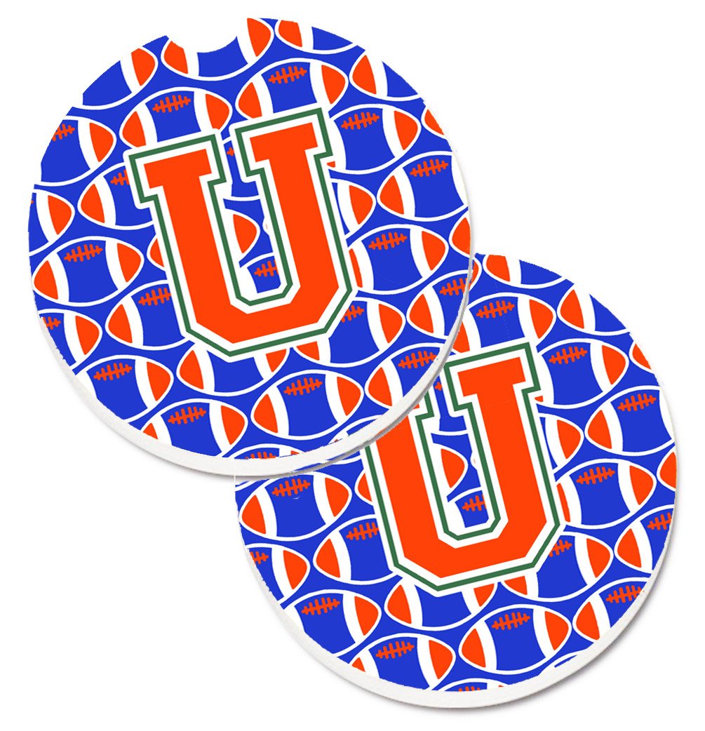 Letter U Football Green, Blue and Orange Set of 2 Cup Holder Car Coasters CJ1083-UCARC by Caroline's Treasures