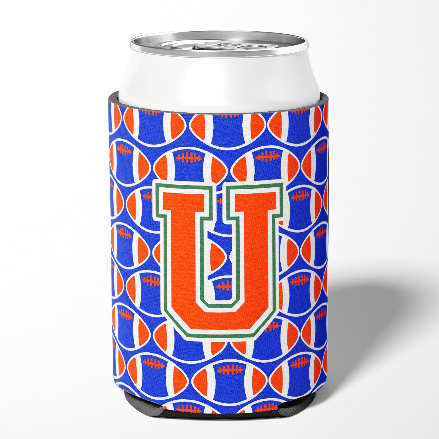 Letter U Football Green, Blue and Orange Can or Bottle Hugger CJ1083-UCC.