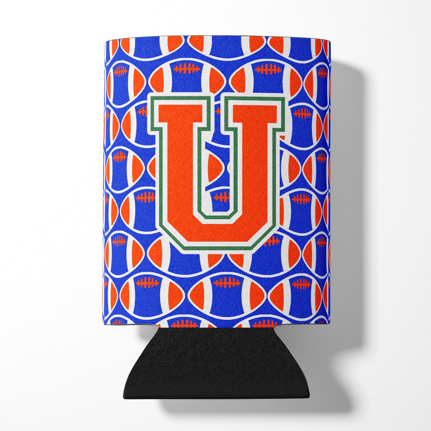 Letter U Football Green, Blue and Orange Can or Bottle Hugger CJ1083-UCC.