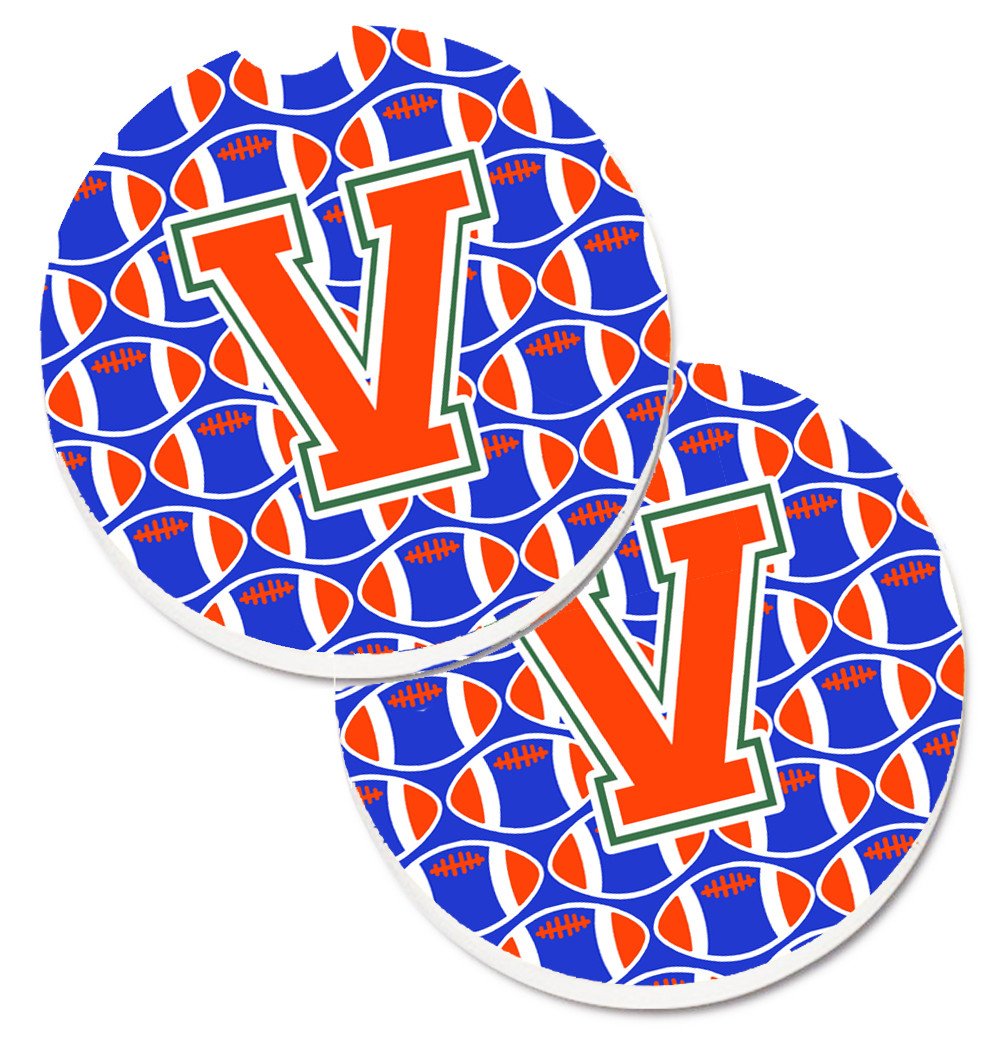 Letter V Football Green, Blue and Orange Set of 2 Cup Holder Car Coasters CJ1083-VCARC by Caroline's Treasures