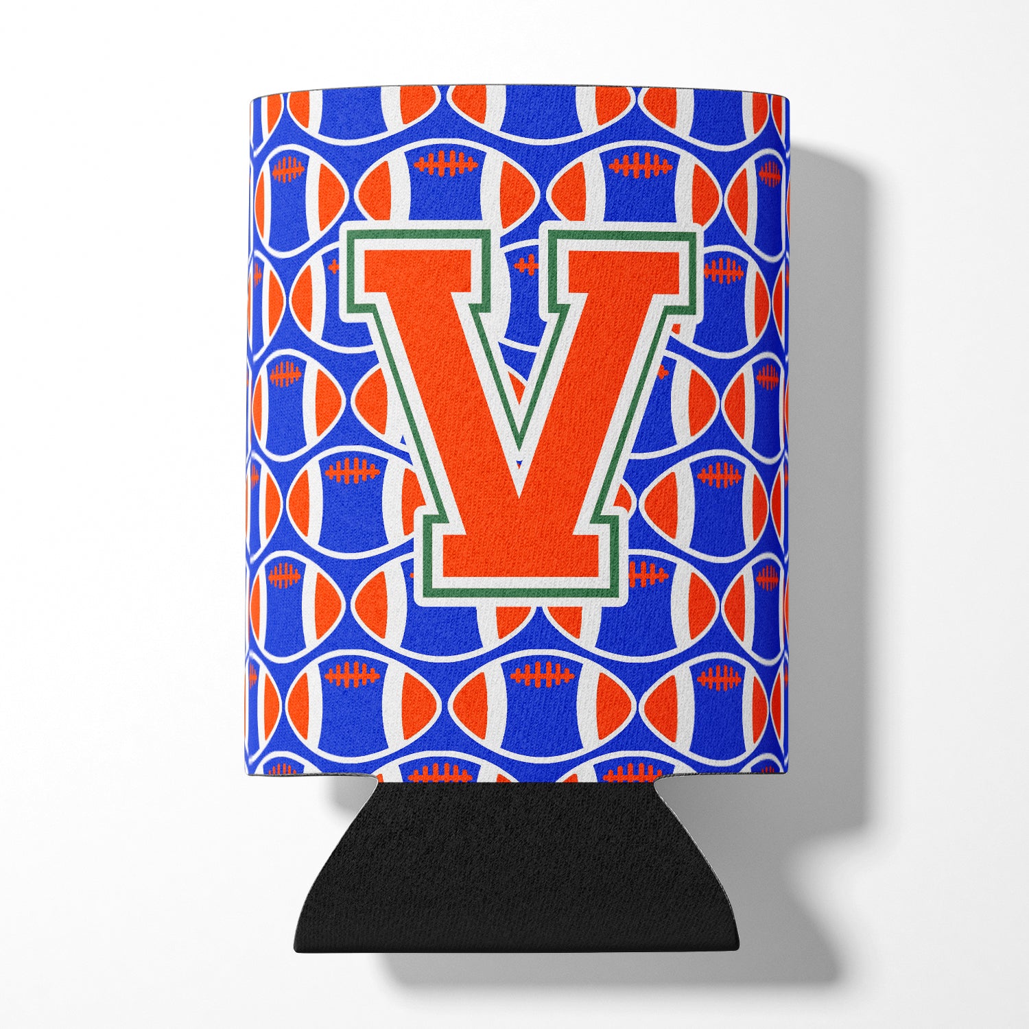 Letter V Football Green, Blue and Orange Can or Bottle Hugger CJ1083-VCC.