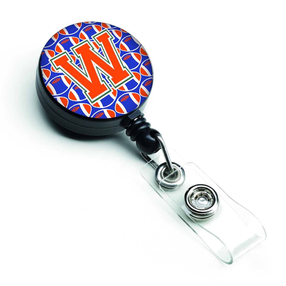 Letter W Football Green, Blue and Orange Retractable Badge Reel CJ1083-WBR.