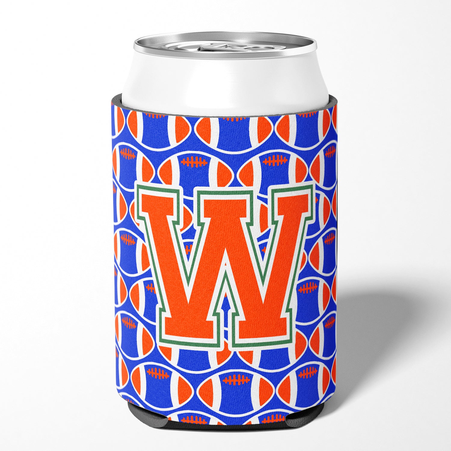 Letter W Football Green, Blue and Orange Can or Bottle Hugger CJ1083-WCC.