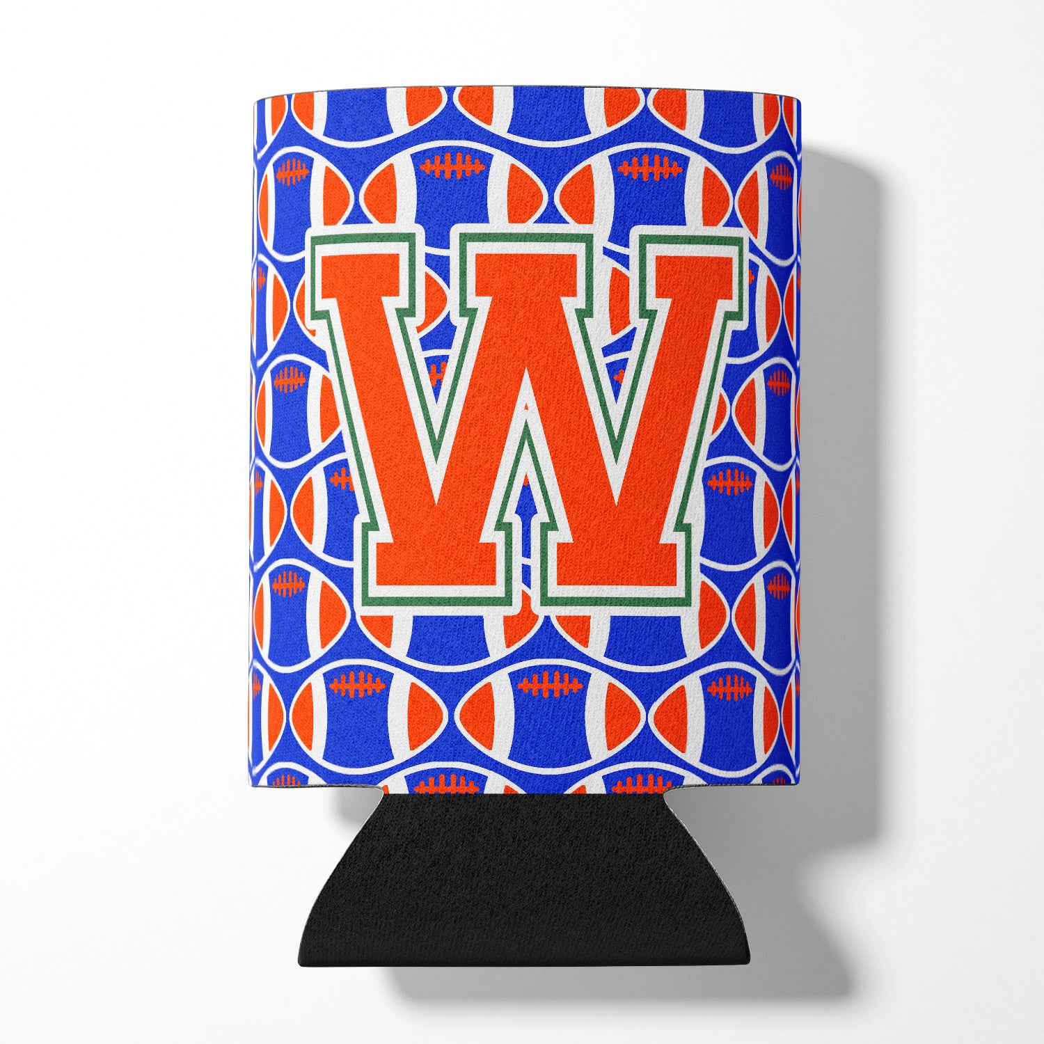 Letter W Football Green, Blue and Orange Can or Bottle Hugger CJ1083-WCC.