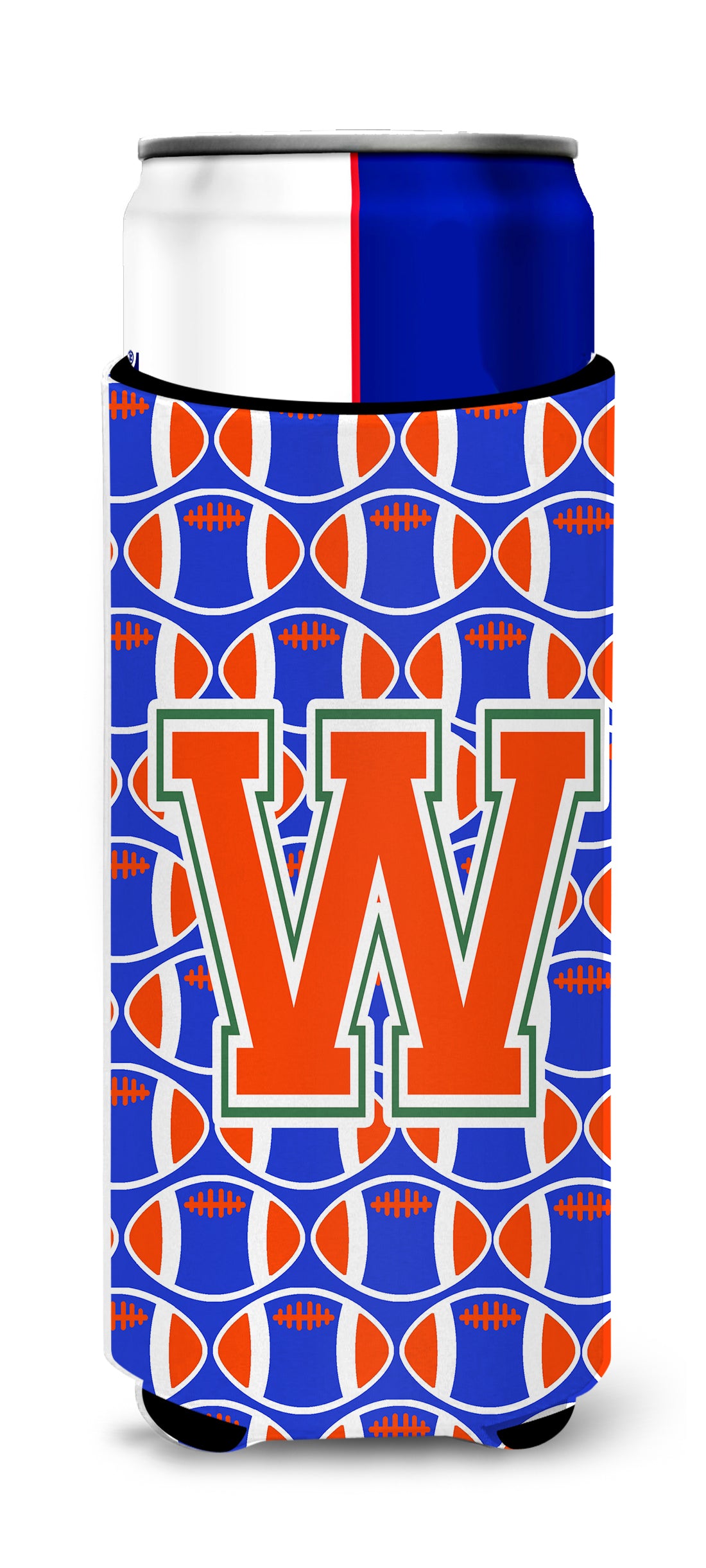 Letter W Football Green, Blue and Orange Ultra Beverage Insulators for slim cans CJ1083-WMUK.