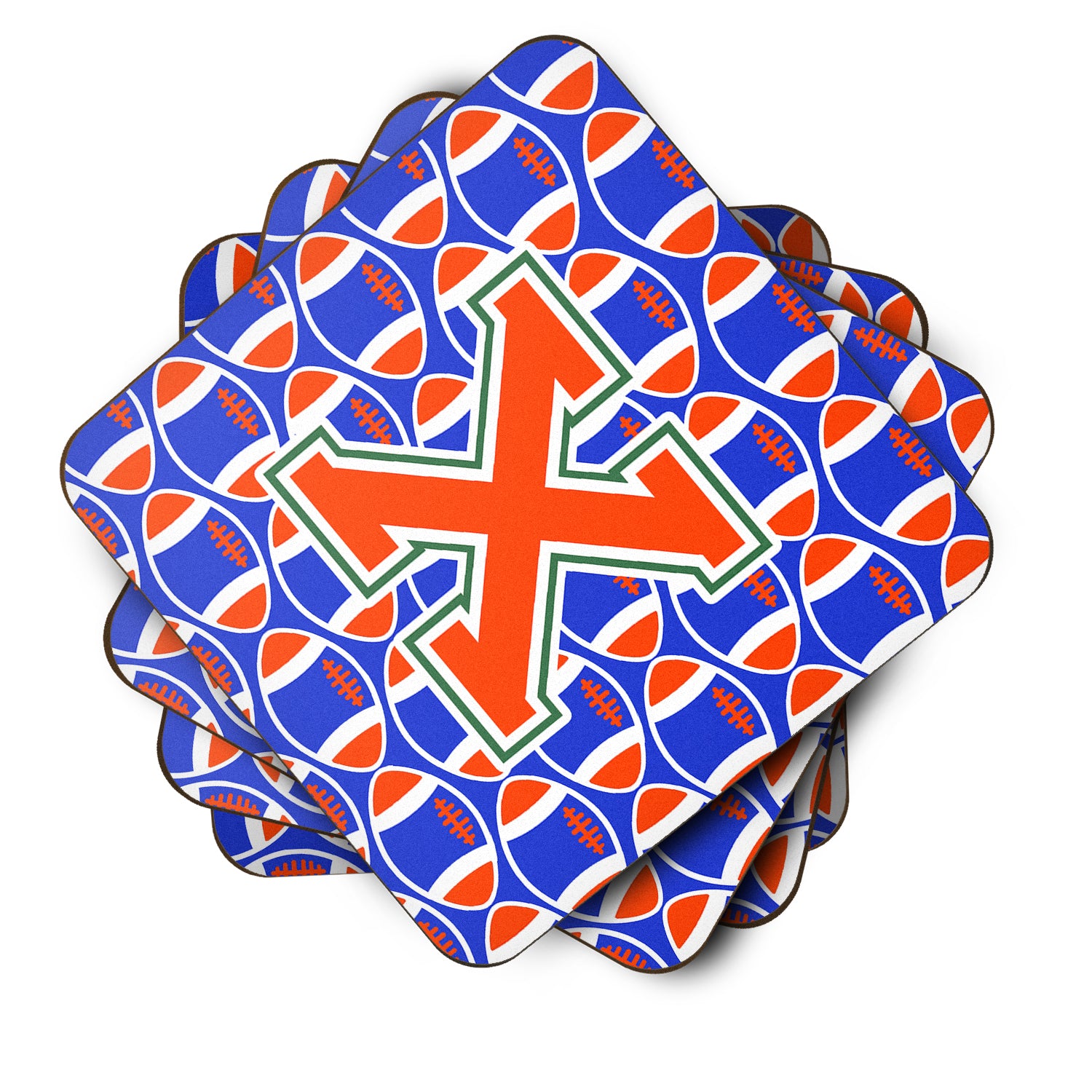 Letter X Football Green, Blue and Orange Foam Coaster Set of 4 CJ1083-XFC - the-store.com