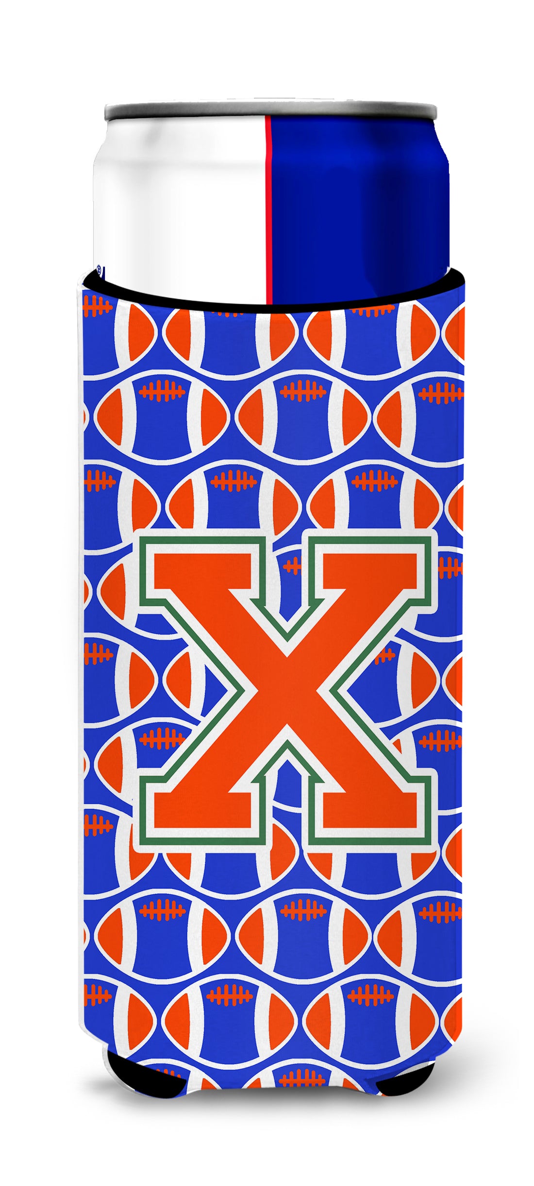 Letter X Football Green, Blue and Orange Ultra Beverage Insulators for slim cans CJ1083-XMUK.