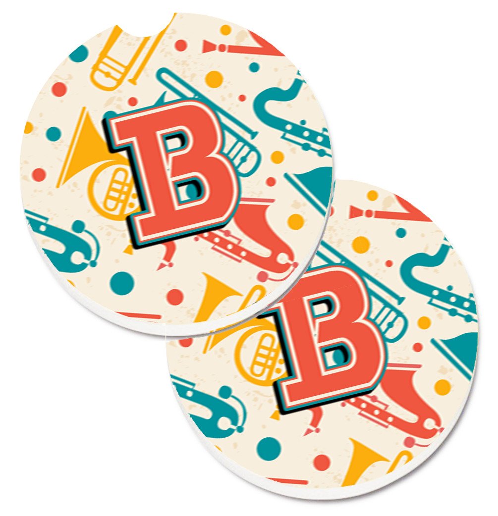 Letter B Retro Teal Orange Musical Instruments Initial Set of 2 Cup Holder Car Coasters CJ2001-BCARC by Caroline's Treasures