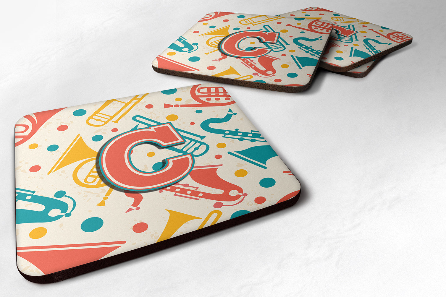 Set of 4 Letter C Retro Teal Orange Musical Instruments Initial Foam Coasters CJ2001-CFC - the-store.com