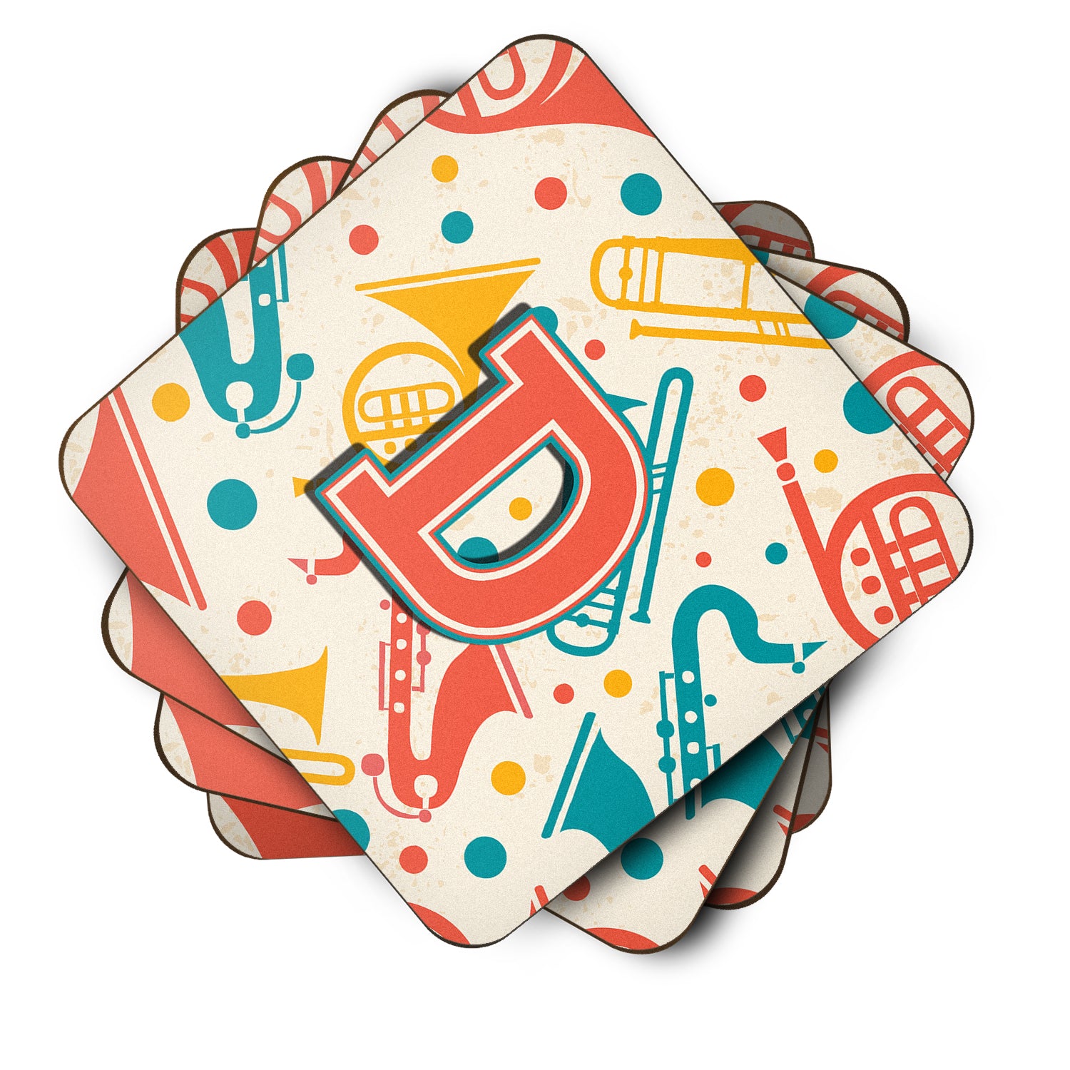 Set of 4 Letter D Retro Teal Orange Musical Instruments Initial Foam Coasters CJ2001-DFC - the-store.com