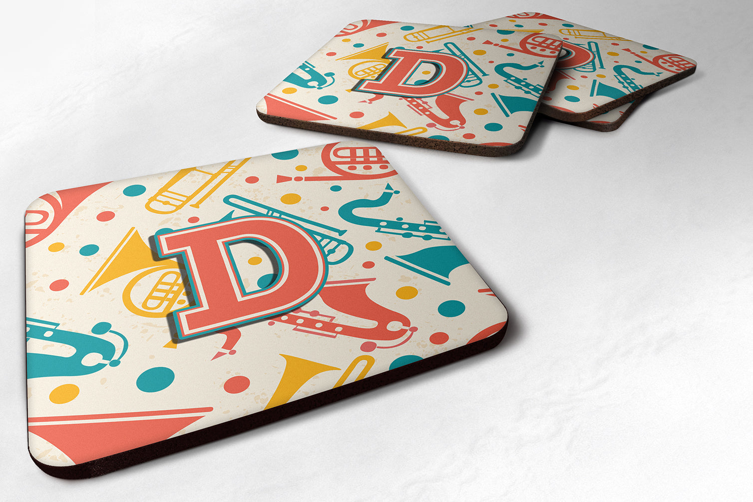 Set of 4 Letter D Retro Teal Orange Musical Instruments Initial Foam Coasters CJ2001-DFC - the-store.com