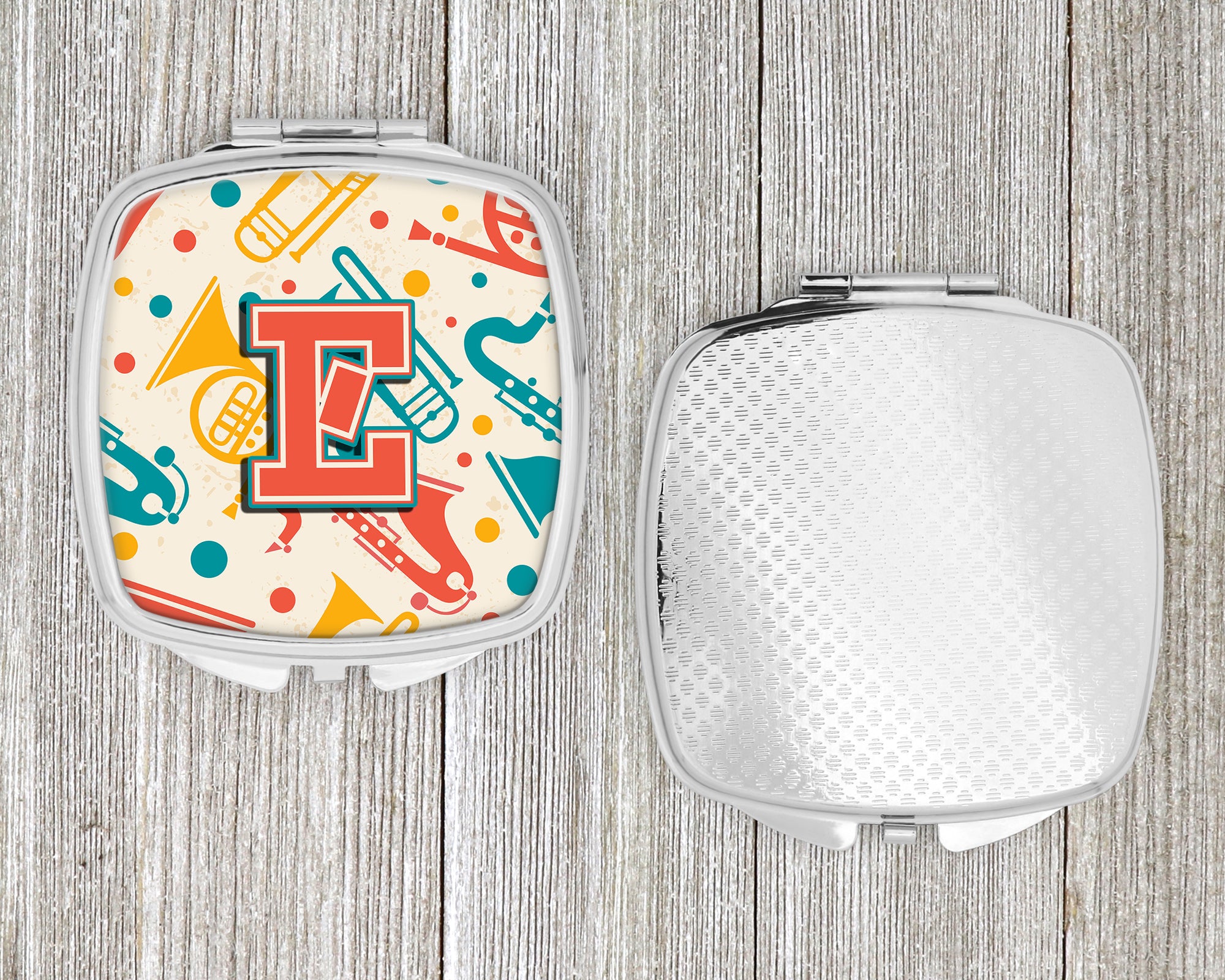 Letter E Retro Teal Orange Musical Instruments Initial Compact Mirror CJ2001-ESCM  the-store.com.