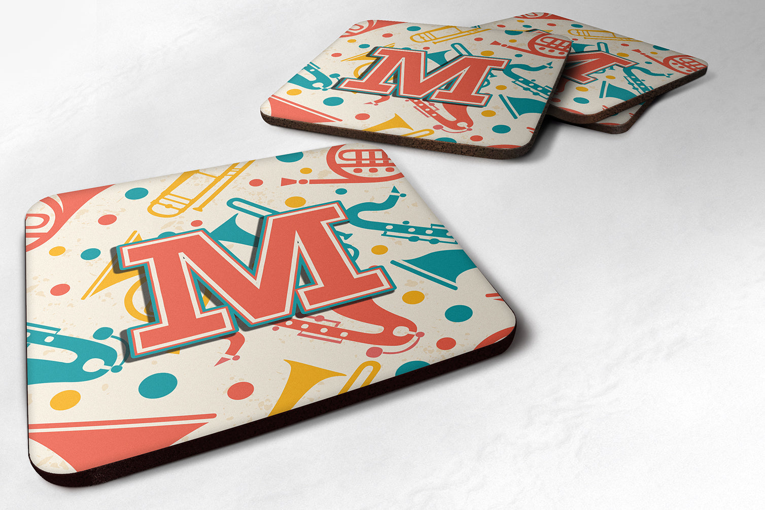 Set of 4 Letter M Retro Teal Orange Musical Instruments Initial Foam Coasters CJ2001-MFC - the-store.com