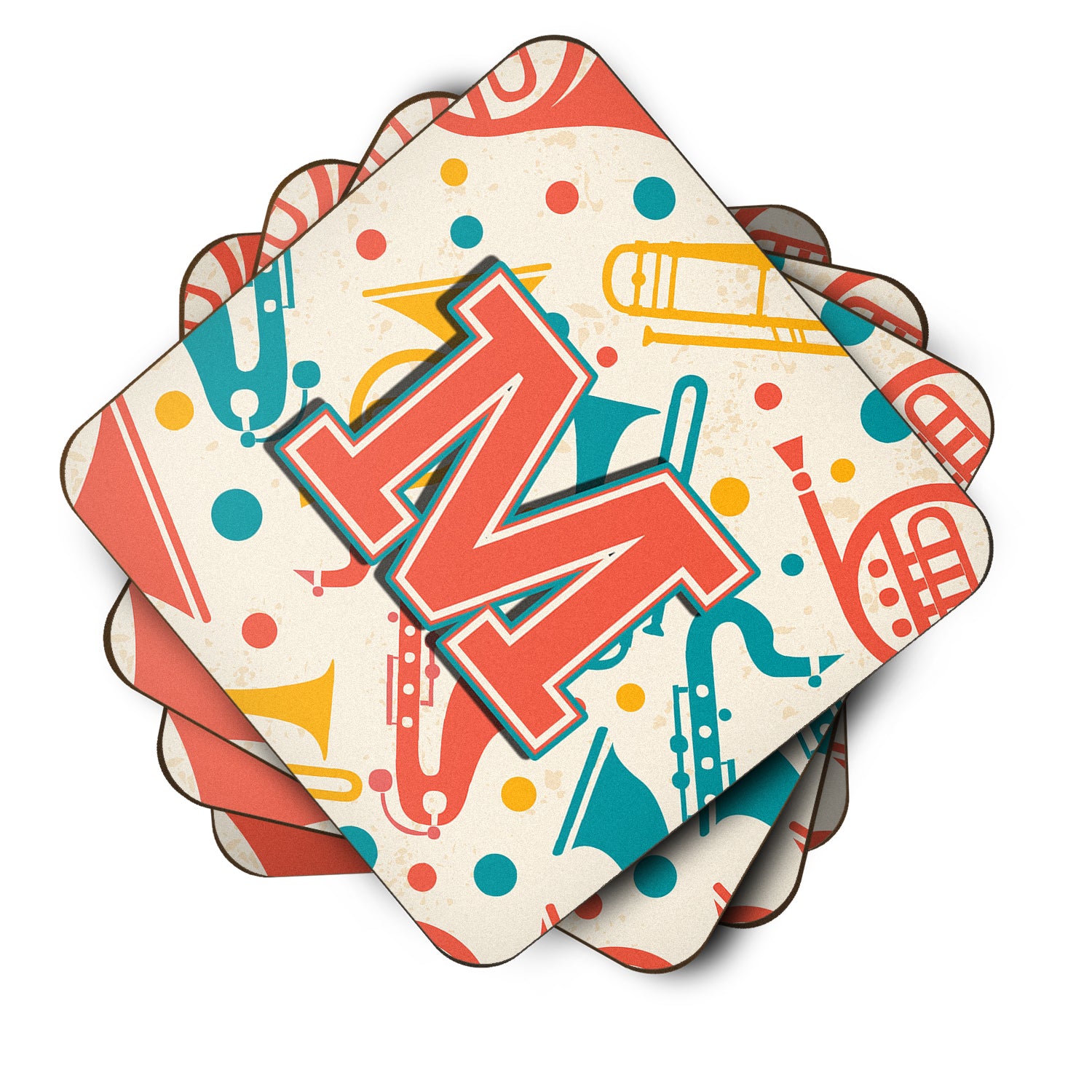 Set of 4 Letter M Retro Teal Orange Musical Instruments Initial Foam Coasters CJ2001-MFC - the-store.com