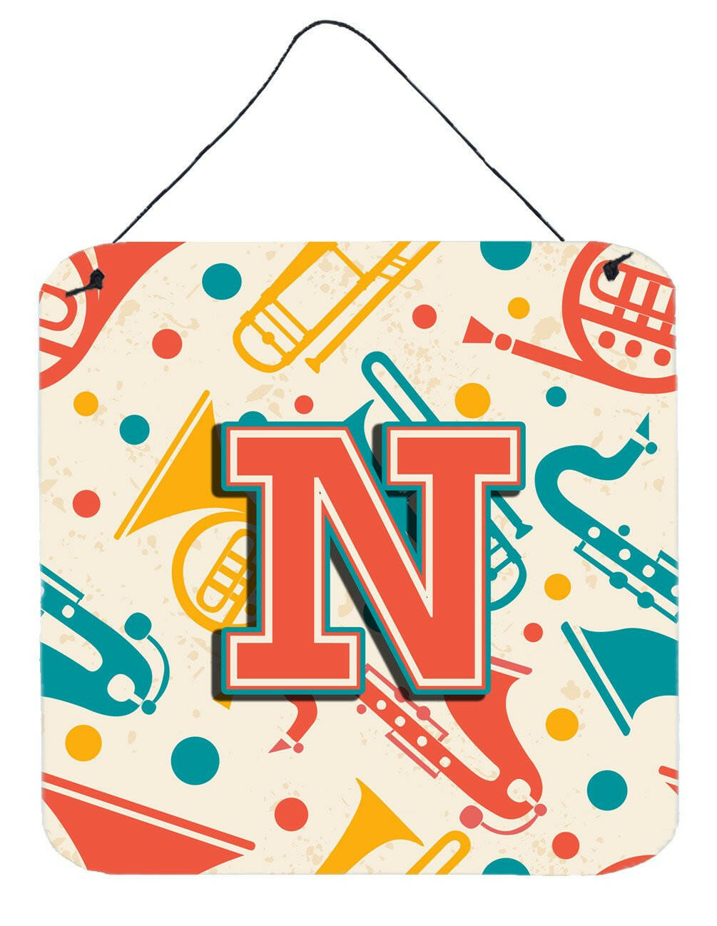 Letter N Retro Teal Orange Musical Instruments Initial Wall or Door Hanging Prints CJ2001-NDS66 by Caroline's Treasures