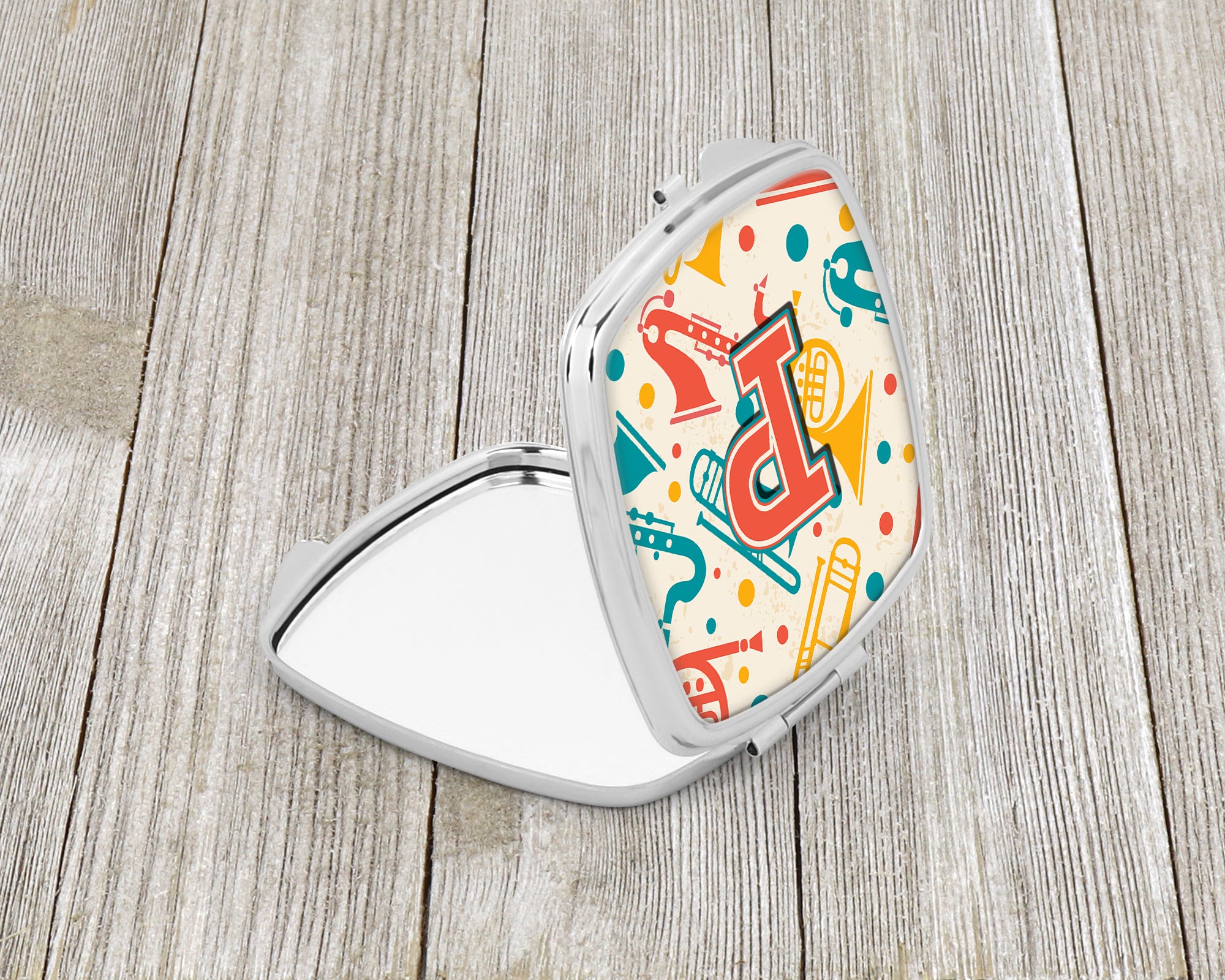 Letter P Retro Teal Orange Musical Instruments Initial Compact Mirror CJ2001-PSCM  the-store.com.