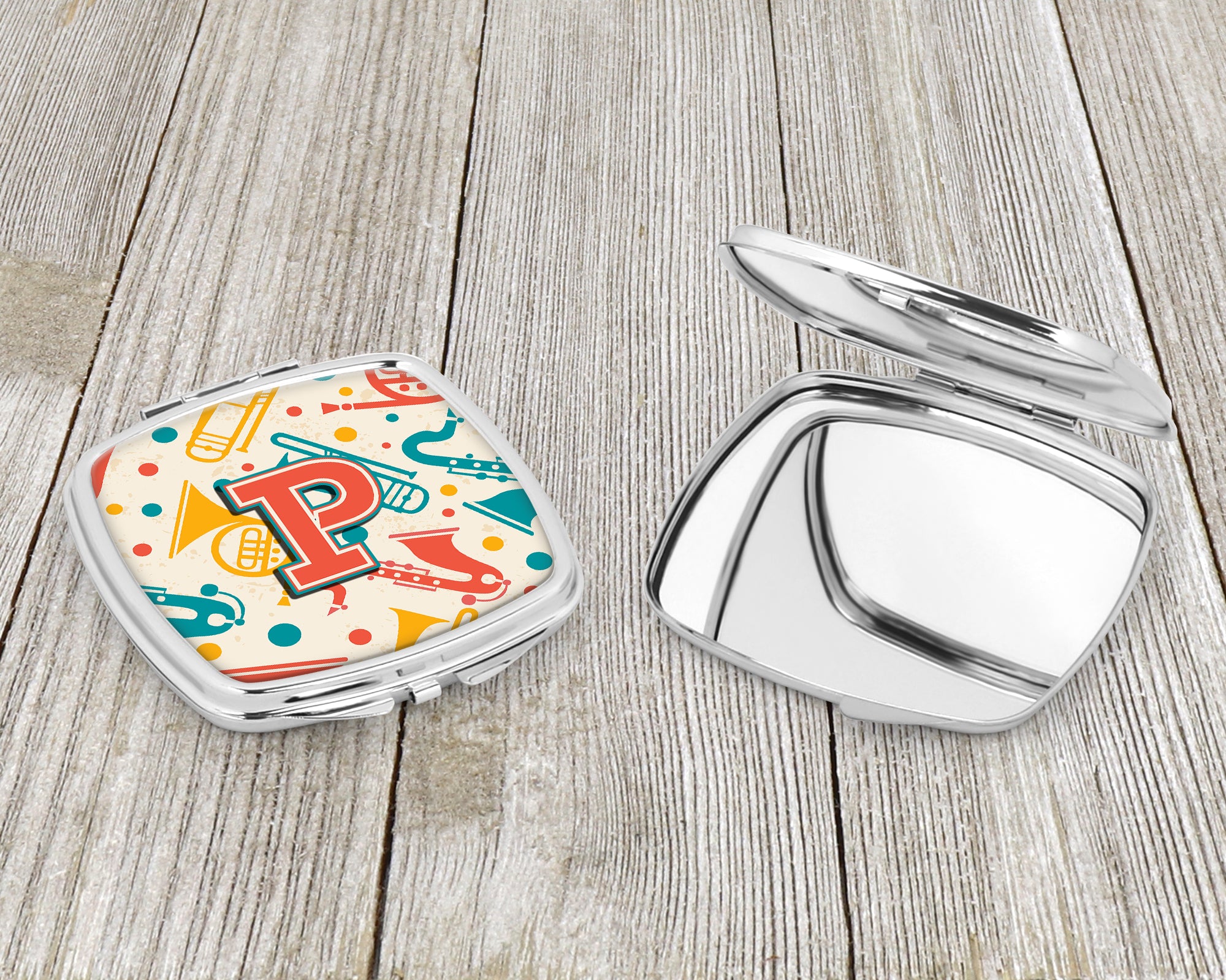 Letter P Retro Teal Orange Musical Instruments Initial Compact Mirror CJ2001-PSCM  the-store.com.