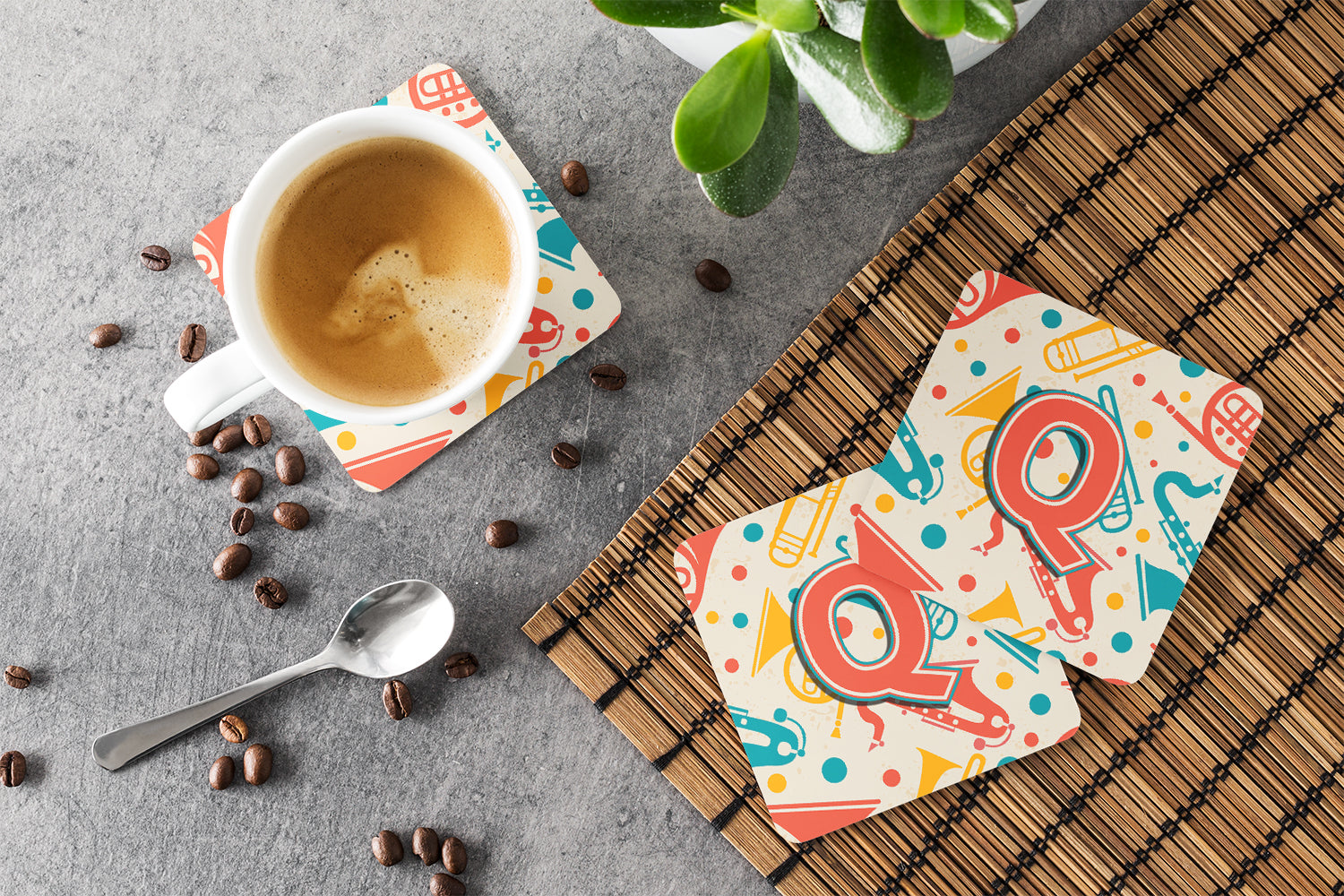 Set of 4 Letter Q Retro Teal Orange Musical Instruments Initial Foam Coasters CJ2001-QFC - the-store.com