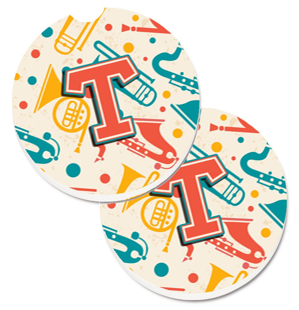 Letter T Retro Teal Orange Musical Instruments Initial Set of 2 Cup Holder Car Coasters CJ2001-TCARC by Caroline&#39;s Treasures