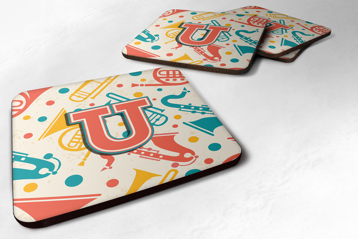 Set of 4 Letter U Retro Teal Orange Musical Instruments Initial Foam Coasters CJ2001-UFC - the-store.com