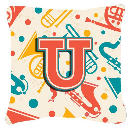 Letter U Retro Teal Orange Musical Instruments Initial Canvas Fabric Decorative Pillow by Caroline's Treasures