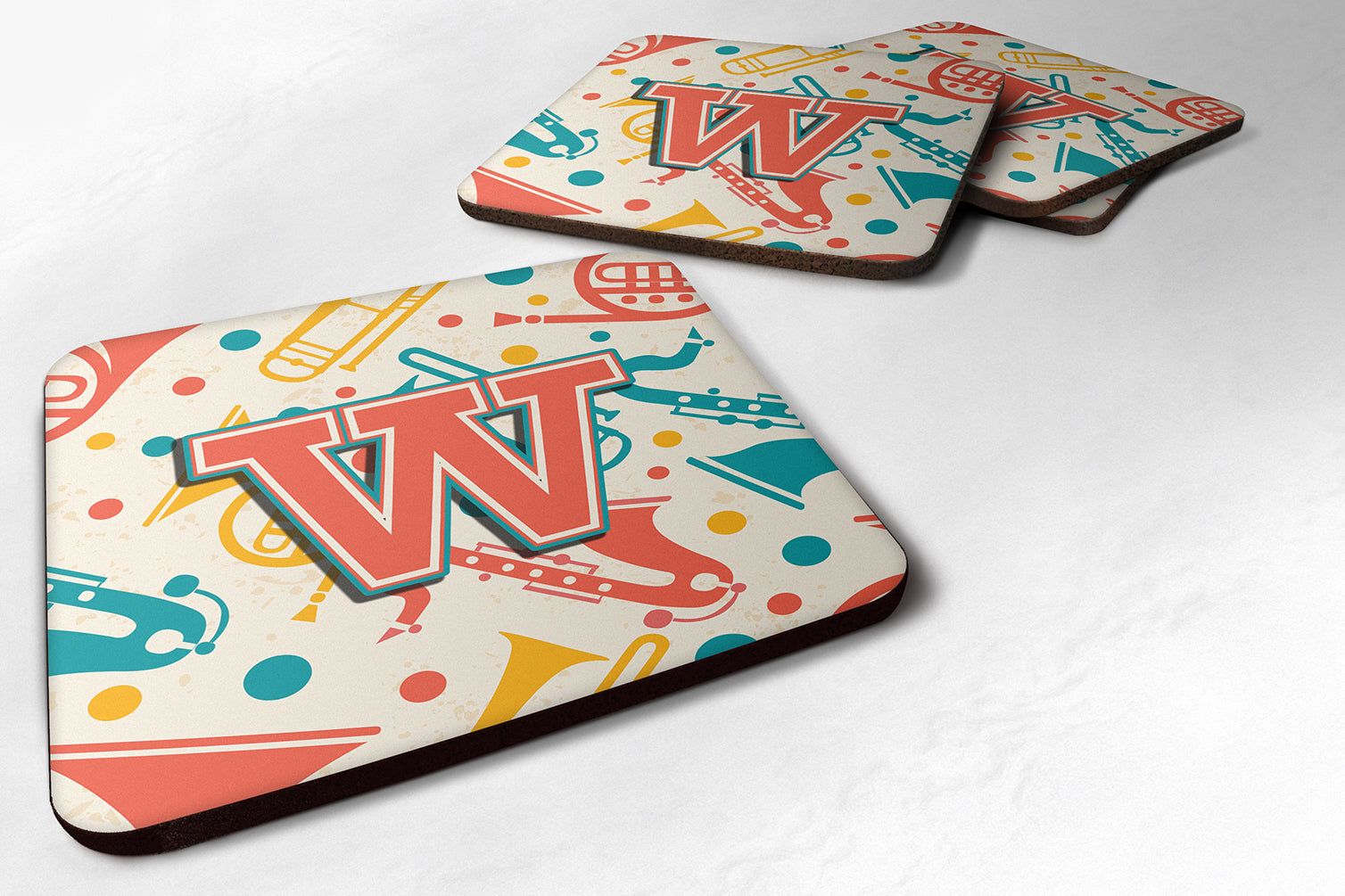 Set of 4 Letter W Retro Teal Orange Musical Instruments Initial Foam Coasters CJ2001-WFC - the-store.com