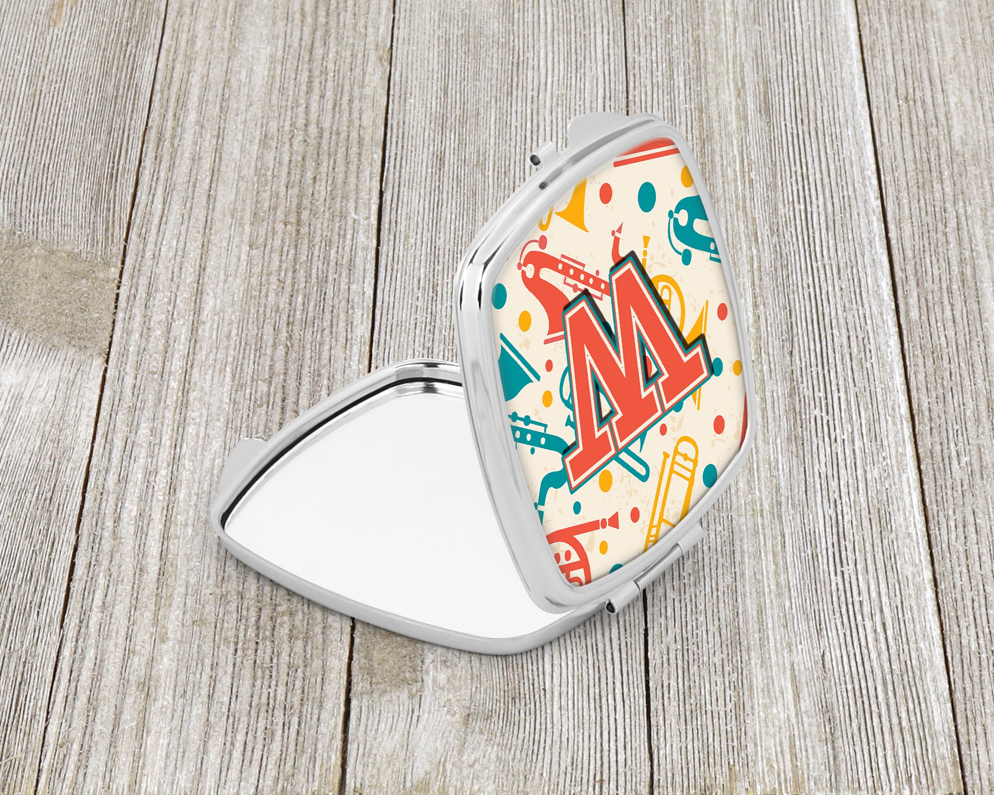 Letter W Retro Teal Orange Musical Instruments Initial Compact Mirror CJ2001-WSCM  the-store.com.