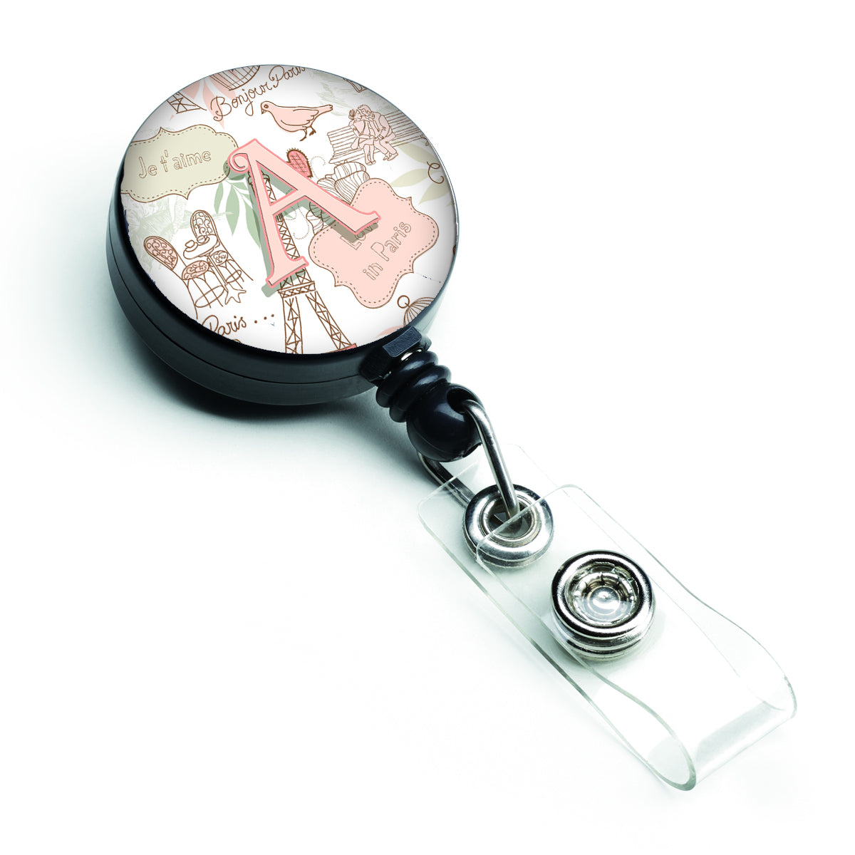 Letter A Love in Paris Pink Retractable Badge Reel CJ2002-ABR  the-store.com.