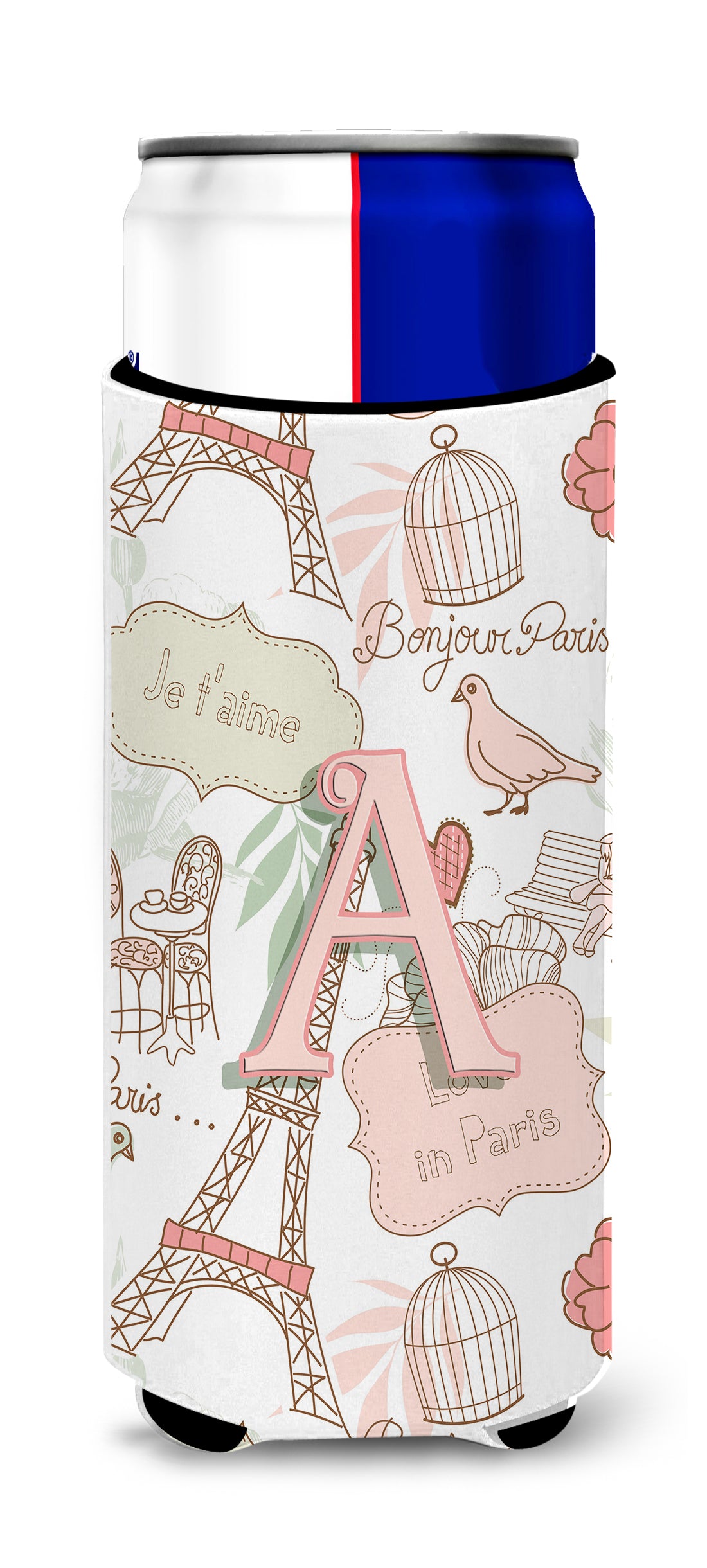 Letter A Love in Paris Pink Ultra Beverage Insulators for slim cans CJ2002-AMUK.