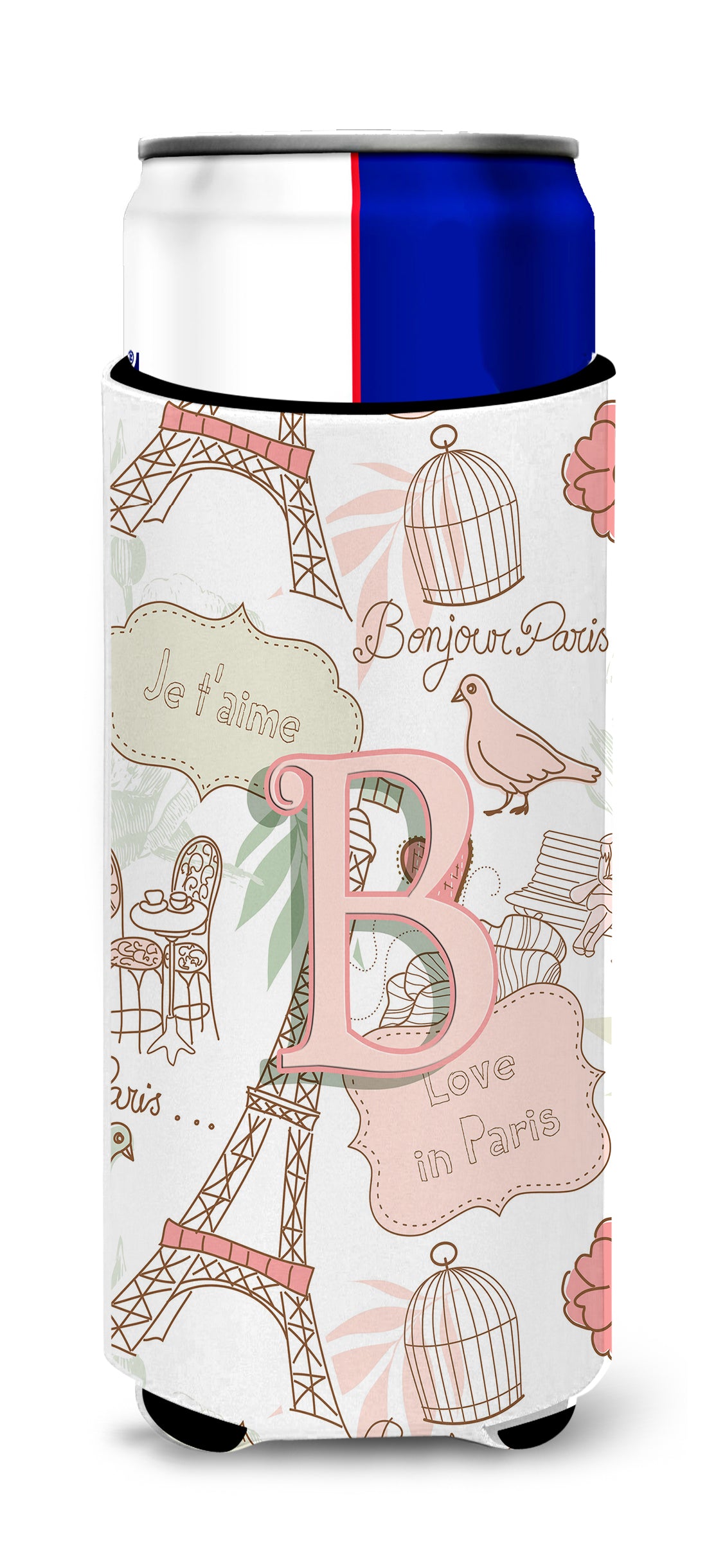 Letter B Love in Paris Pink Ultra Beverage Insulators for slim cans CJ2002-BMUK.