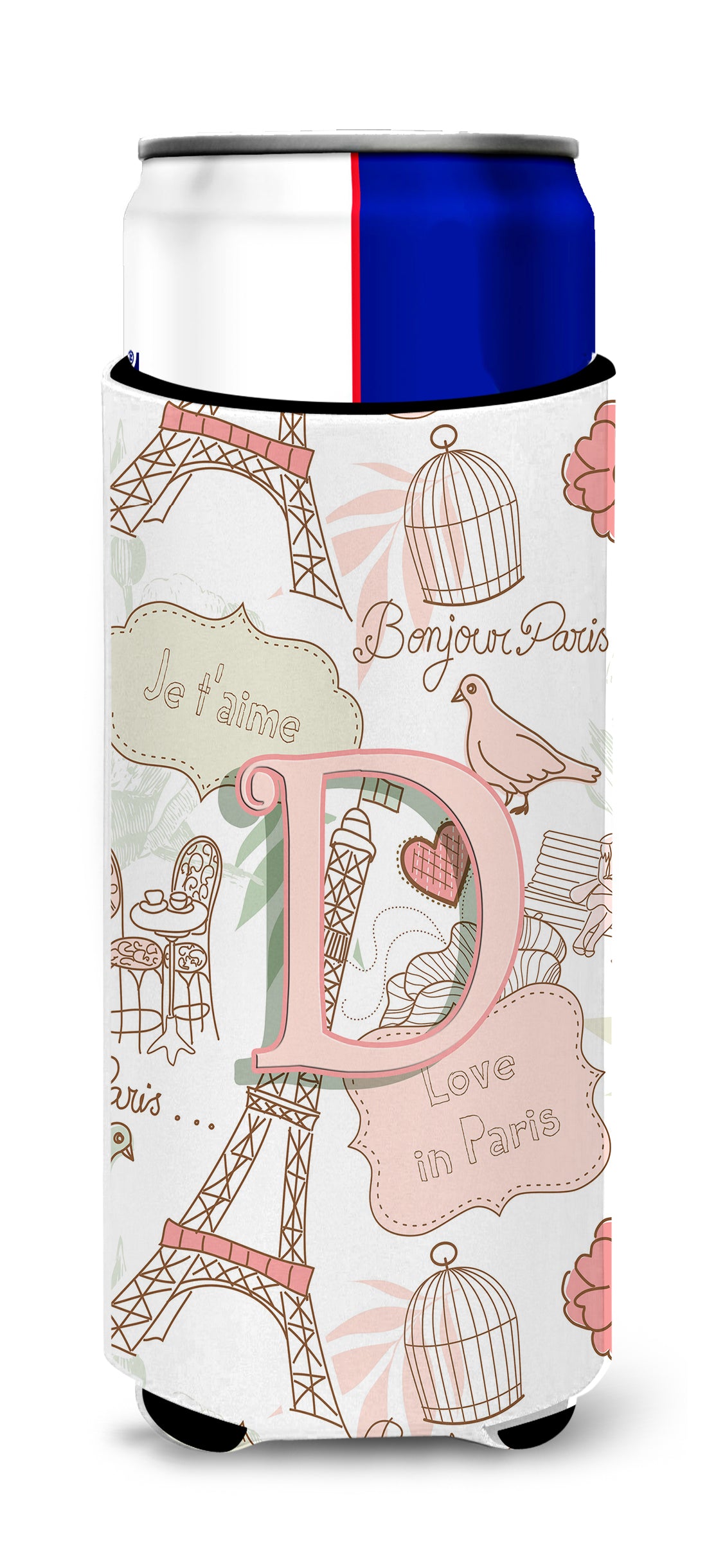 Letter D Love in Paris Pink Ultra Beverage Insulators for slim cans CJ2002-DMUK.