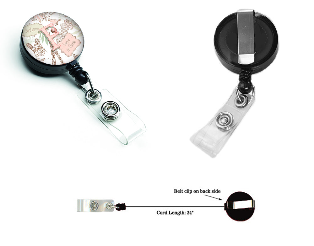 Letter F Love in Paris Pink Retractable Badge Reel CJ2002-FBR  the-store.com.