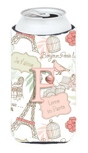 Letter F Love in Paris Pink Tall Boy Beverage Insulator Hugger CJ2002-FTBC by Caroline's Treasures