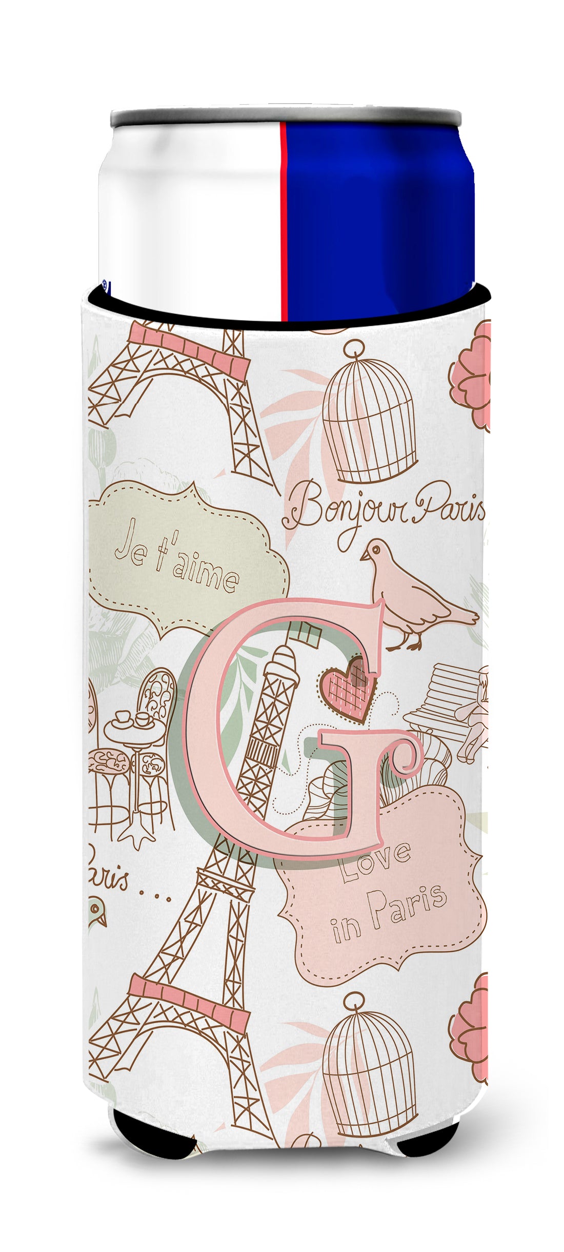 Letter G Love in Paris Pink Ultra Beverage Insulators for slim cans CJ2002-GMUK.