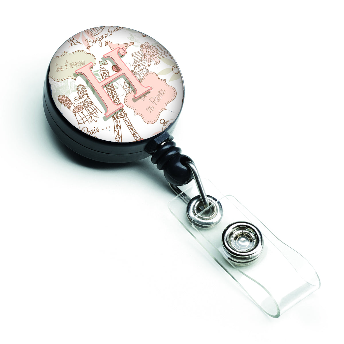 Letter H Love in Paris Pink Retractable Badge Reel CJ2002-HBR  the-store.com.