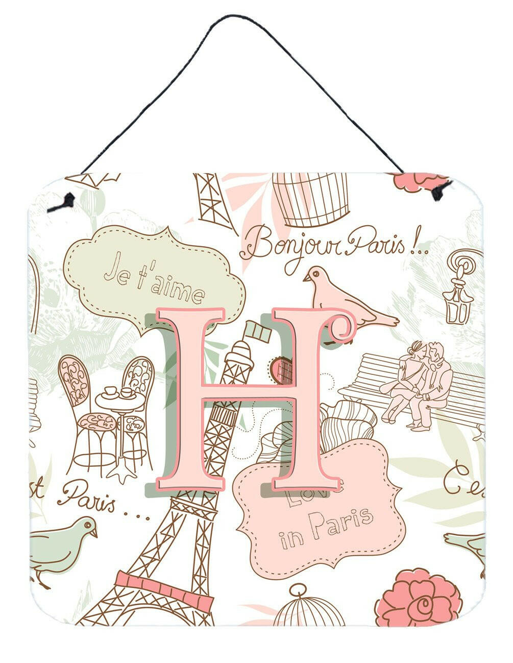 Letter H Love in Paris Pink Wall or Door Hanging Prints CJ2002-HDS66 by Caroline's Treasures