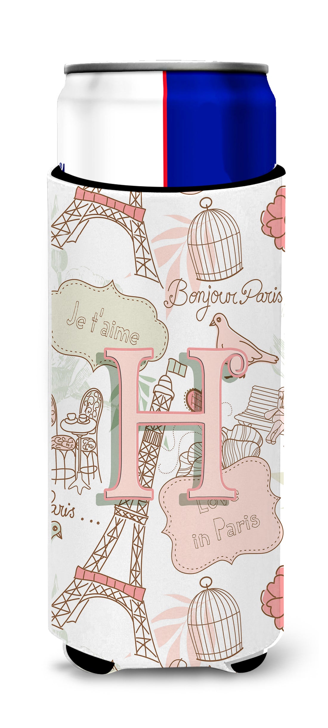 Letter H Love in Paris Pink Ultra Beverage Insulators for slim cans CJ2002-HMUK.