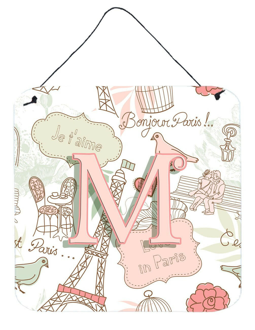 Letter M Love in Paris Pink Wall or Door Hanging Prints CJ2002-MDS66 by Caroline&#39;s Treasures