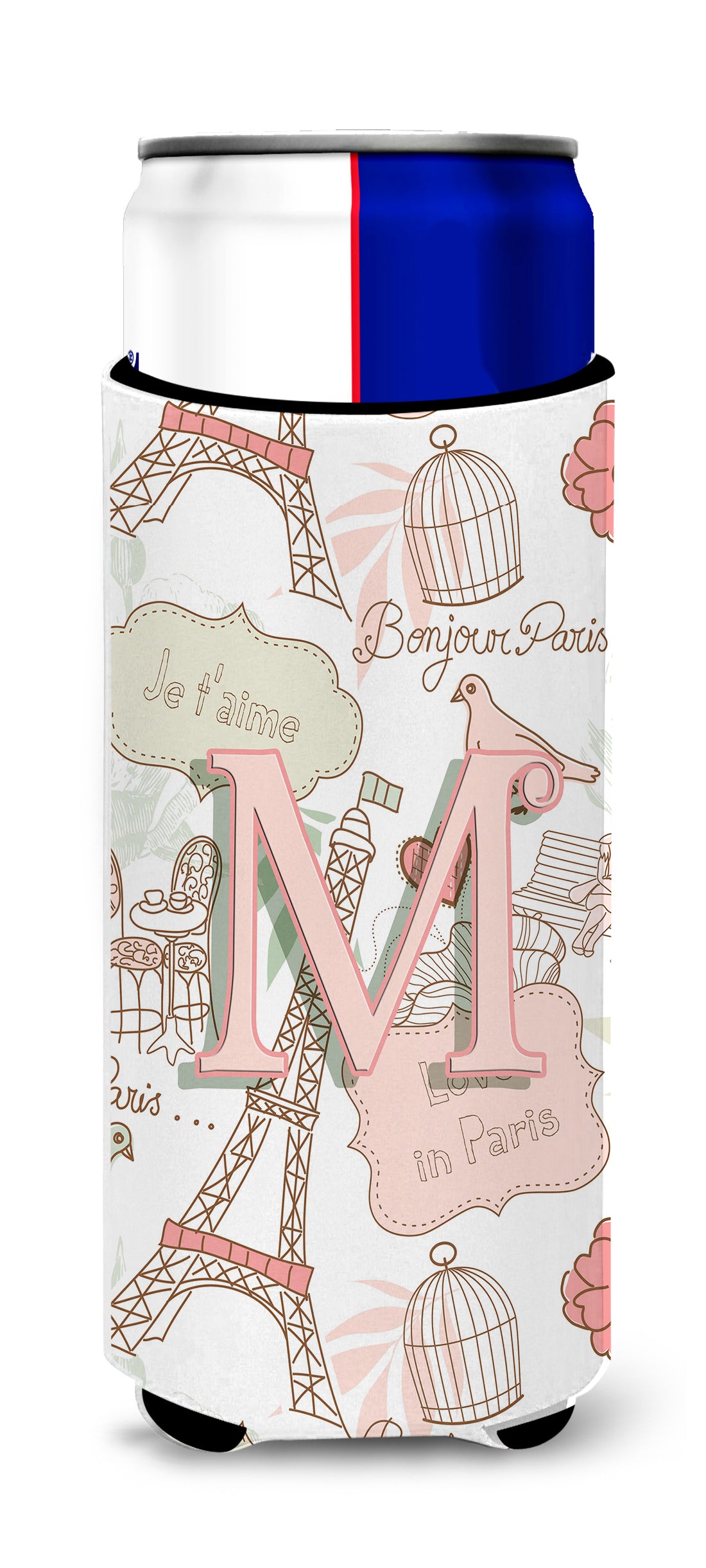 Letter M Love in Paris Pink Ultra Beverage Insulators for slim cans CJ2002-MMUK.