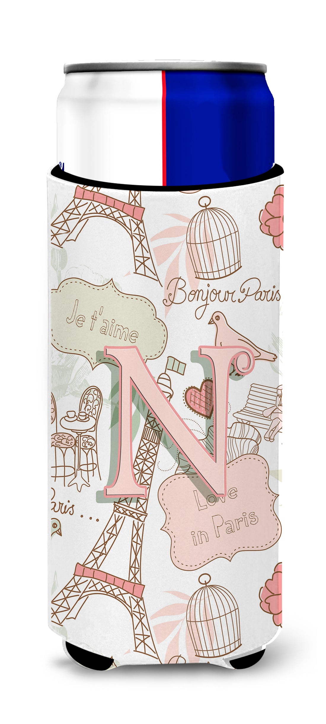 Letter N Love in Paris Pink Ultra Beverage Insulators for slim cans CJ2002-NMUK.