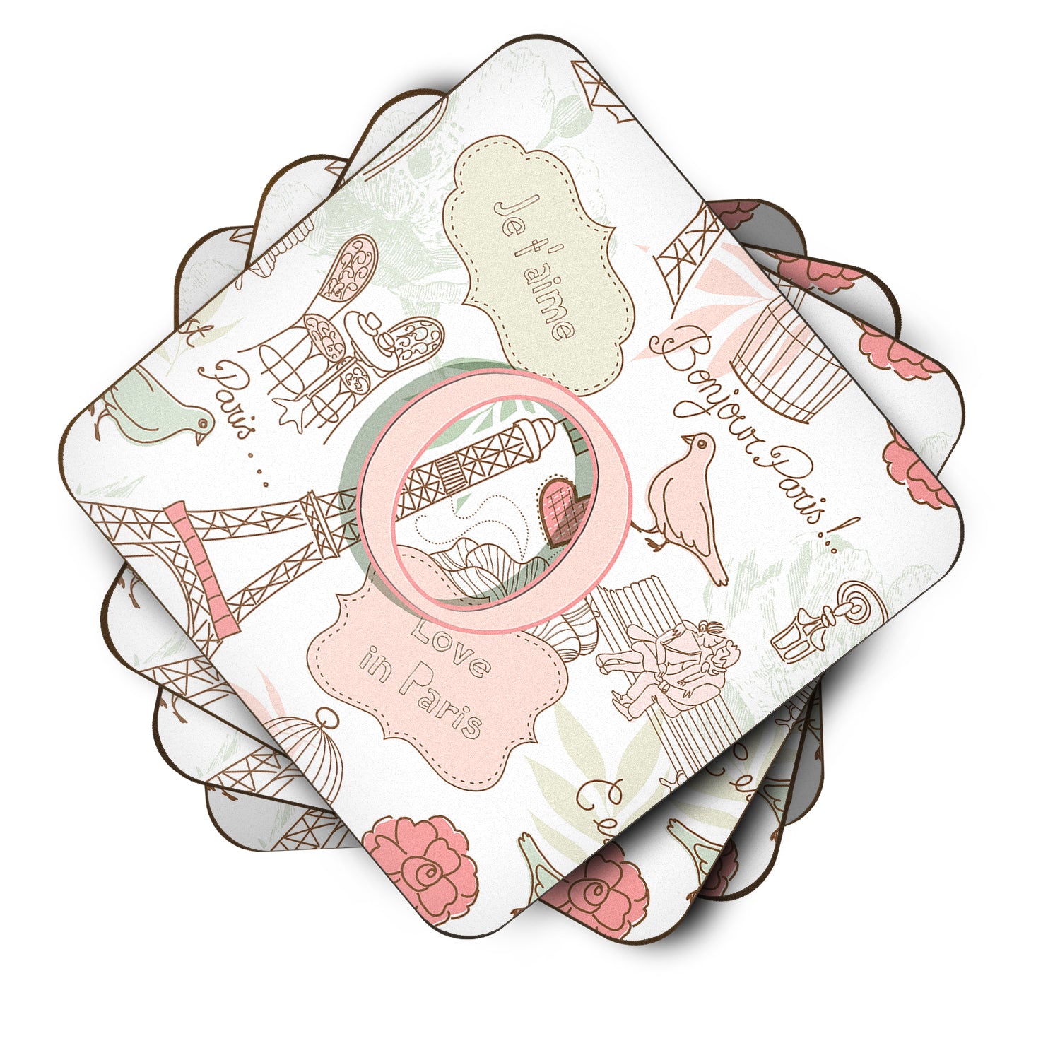 Set of 4 Letter O Love in Paris Pink Foam Coasters CJ2002-OFC - the-store.com