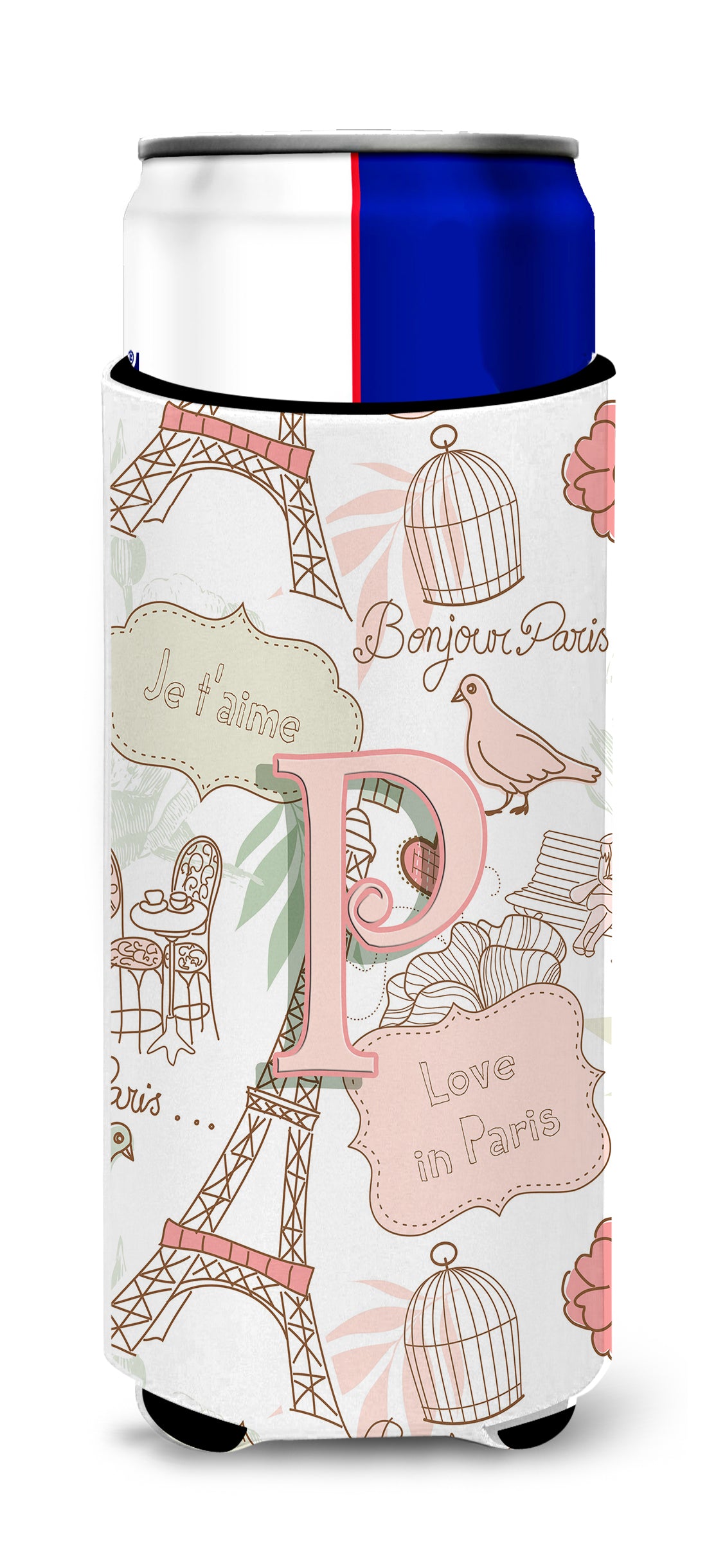 Letter P Love in Paris Pink Ultra Beverage Insulators for slim cans CJ2002-PMUK.