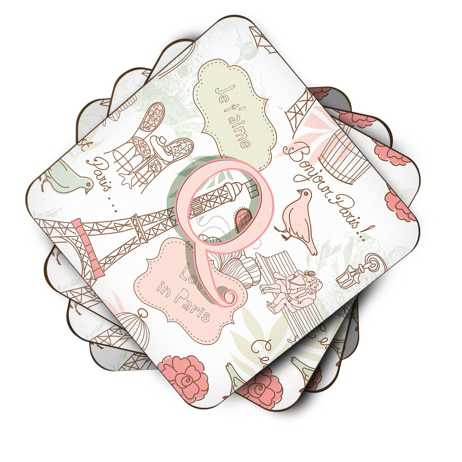 Set of 4 Letter Q Love in Paris Pink Foam Coasters CJ2002-QFC - the-store.com